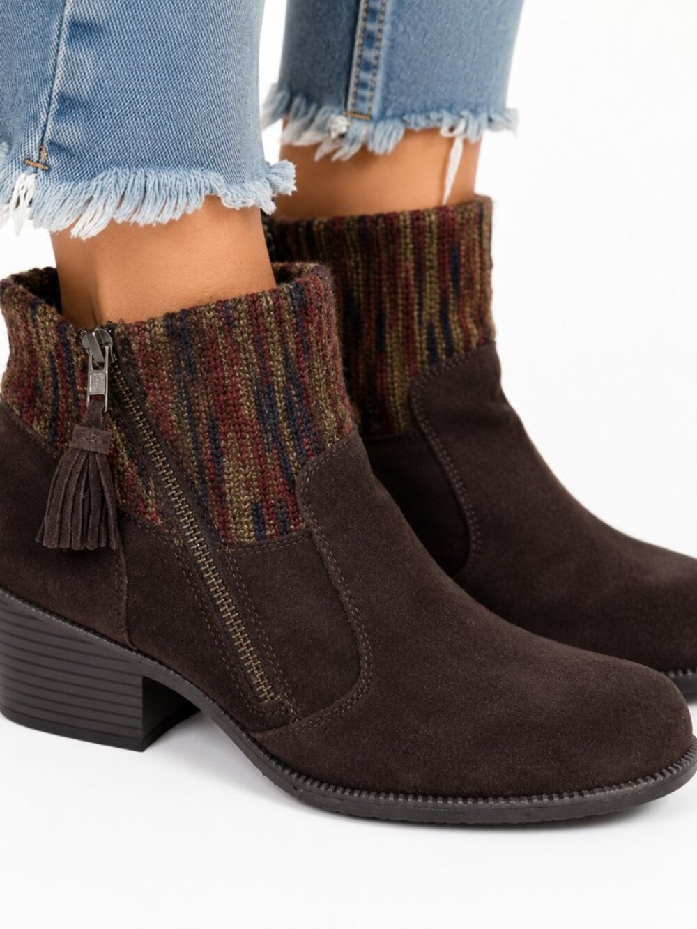 BOC Charon Ankle Boots Brown Suede Knit Collar Tassel Zip Women 9M Boho